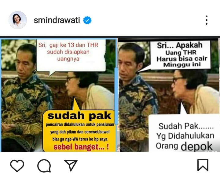 Unggahan Meme soal THR dan Gaji ke-13 di Akun Instagram Sri Mulyani