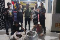 Dua terduga pelaku pencurian getah gambir saat diamankan di Mapolsek Lengayang, Rabu (14/5/2025) malam.
