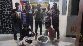 Dua terduga pelaku pencurian getah gambir saat diamankan di Mapolsek Lengayang, Rabu (14/5/2025) malam.
