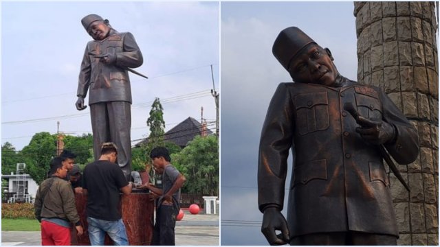 Viral Patung Leher Sipit Pak Karno di Alun-Alun Indramayu

