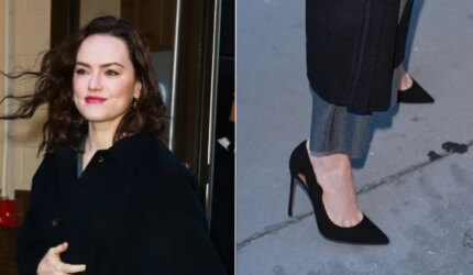 Daisy Ridley wears Aquazzura Very Bow Tie Suede Pumps in black while out in New York City on Monday.