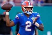 DJ Lagway menyelesaikan 63,2% operannya untuk 2,264 yard musim ini sambil melemparkan 16 operan touchdown dan 14 intersepsi. <cite>Foto AP/Chris O’Meara</cite>