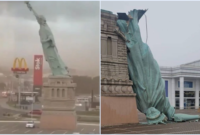 Viral Patung Liberty Jatuh Setelah Badai

