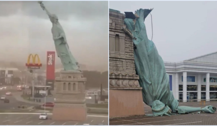 Viral Patung Liberty Tumbang Dihajar Badai